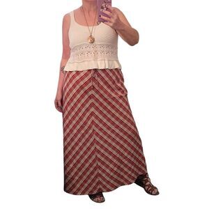 VTG 70s Red Tan Plaid Tie Waist ALine Flax Blend Maxi Skirt Size 10
